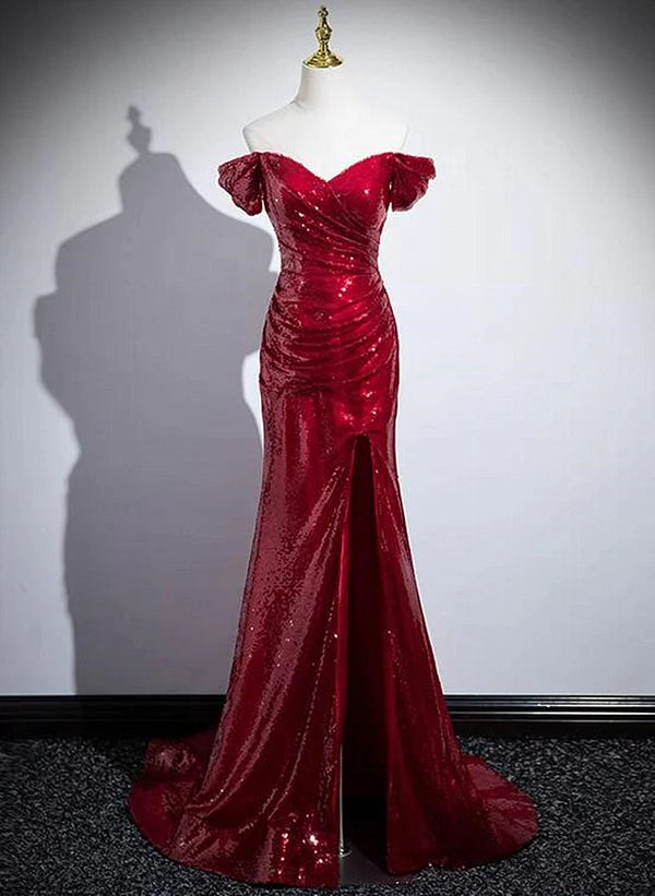 Red Sequins Mermaid Long Off Shoulder Evening Prom Dress