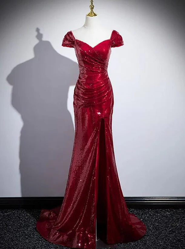 Red Sequins Mermaid Long Off Shoulder Evening Prom Dress