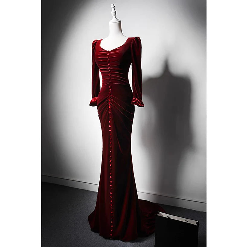 Wine Red Velvet Long Sleeves Mermaid Long Prom Dress