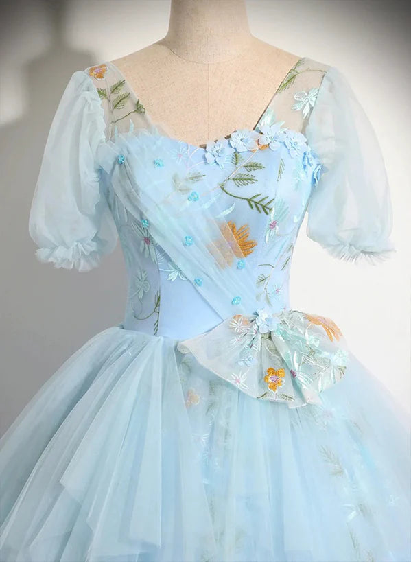 Beautiful Sky Blue Tulle Short Sleeves Prom Dress with Bow