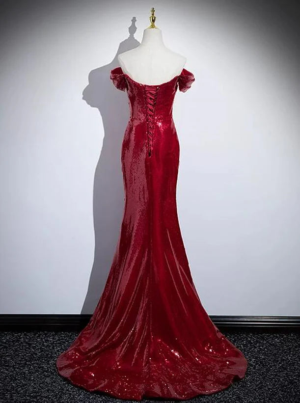 Red Sequins Mermaid Long Off Shoulder Evening Prom Dress