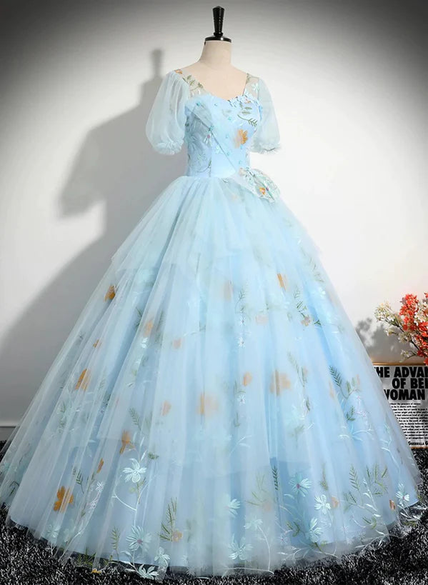 Beautiful Sky Blue Tulle Short Sleeves Prom Dress with Bow