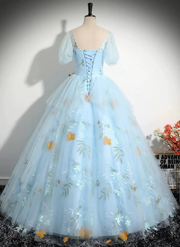 Beautiful Sky Blue Tulle Short Sleeves Prom Dress with Bow