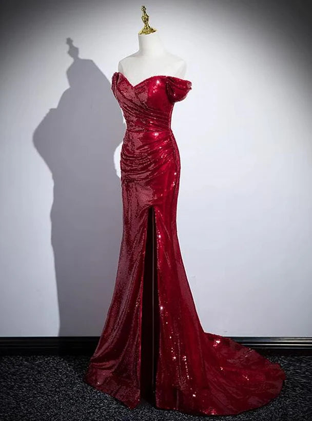 Red Sequins Mermaid Long Off Shoulder Evening Prom Dress