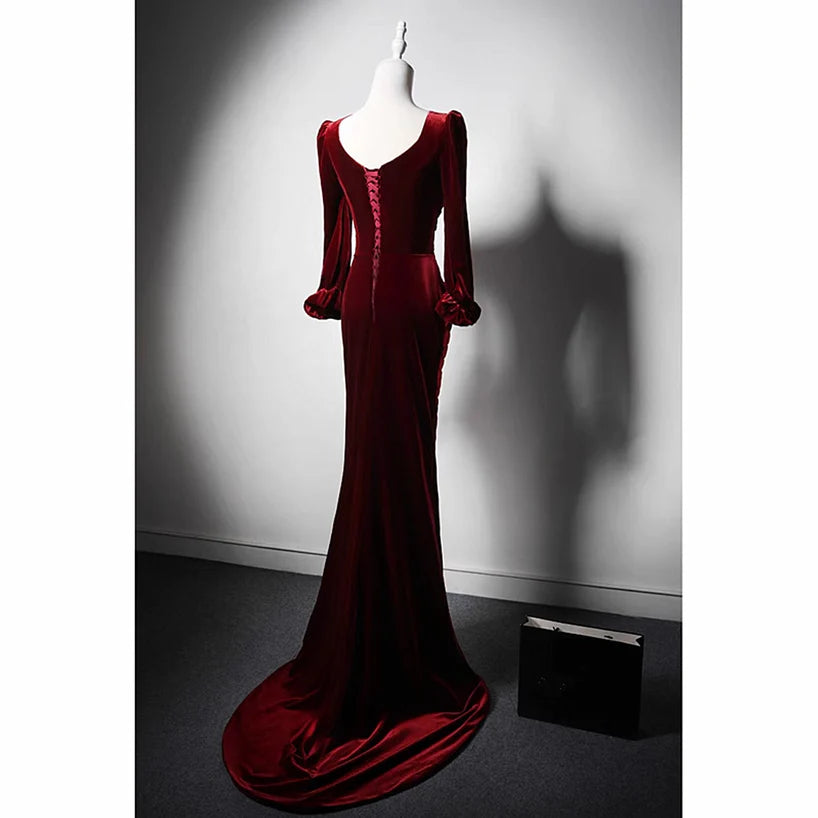 Wine Red Velvet Long Sleeves Mermaid Long Prom Dress