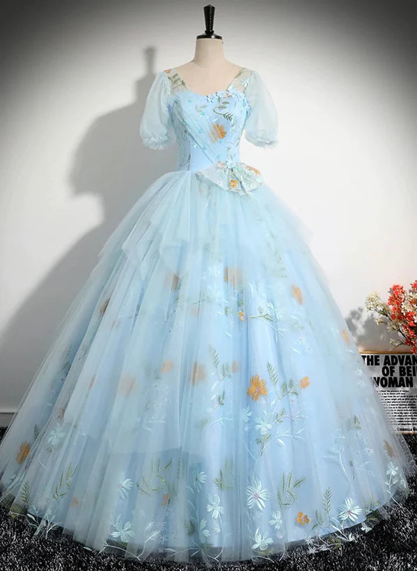 Beautiful Sky Blue Tulle Short Sleeves Prom Dress with Bow