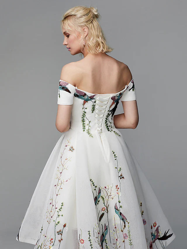 Cocktail Party Prom Valentine's Day Dress Off Shoulder Short Sleeve Asymmetrical Polyester with Embroidery