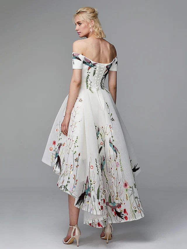 Cocktail Party Prom Valentine's Day Dress Off Shoulder Short Sleeve Asymmetrical Polyester with Embroidery