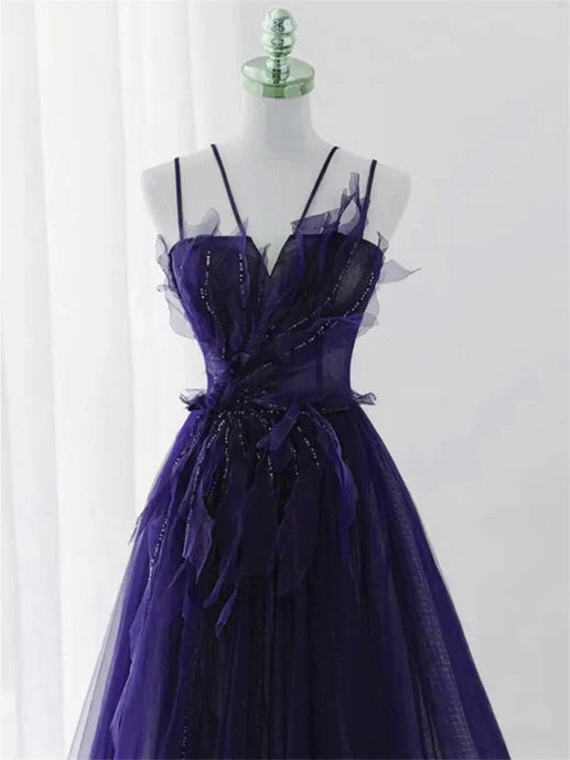 Purple Tulle with Lace Applique Long Prom Dress