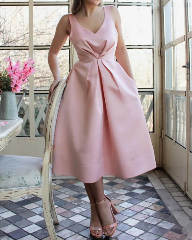 Princess V-neck Satin Dresses with Pockets Blushing Pink