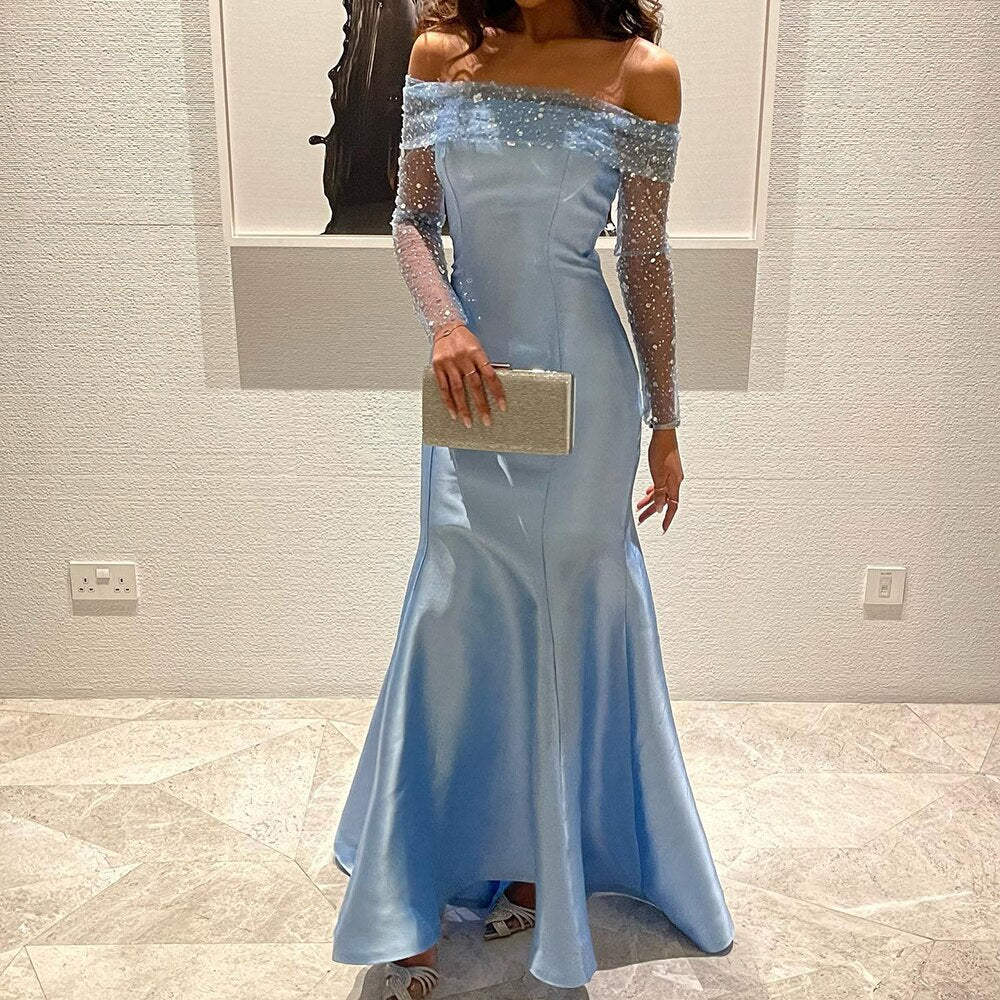 Elegant Off Shoulder Blue Floor Length Evening Dress Wedding Party Long Sleeves Formal Prom Gown