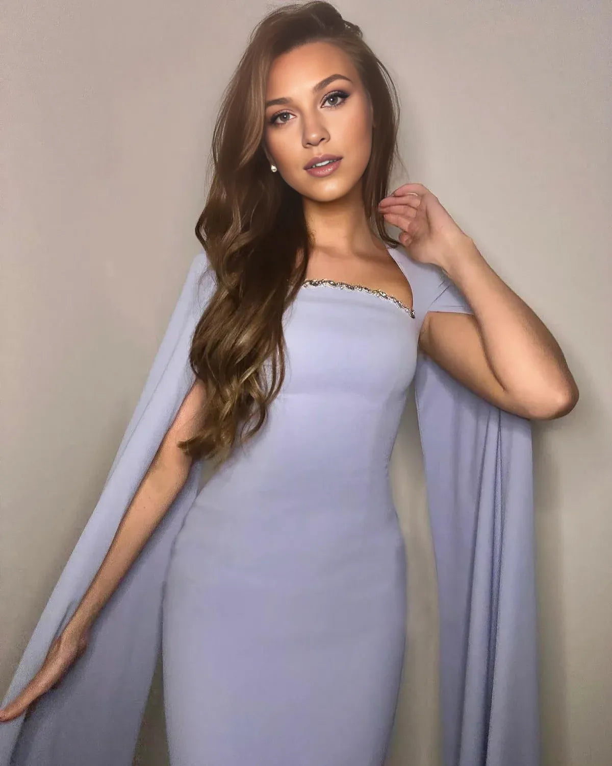 Elegant Square Neck Mermaid Evening Dress with Cape Sleeves Wedding Party Formal Prom Gowns