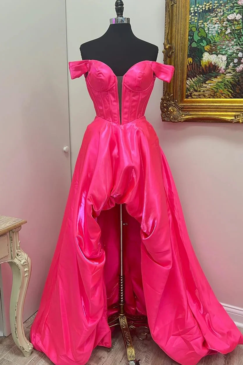 Formal Women's Dresses A-line Off the Shoulder Hot Pink High Low Party Dress Prom Dress Prom Dress In Store