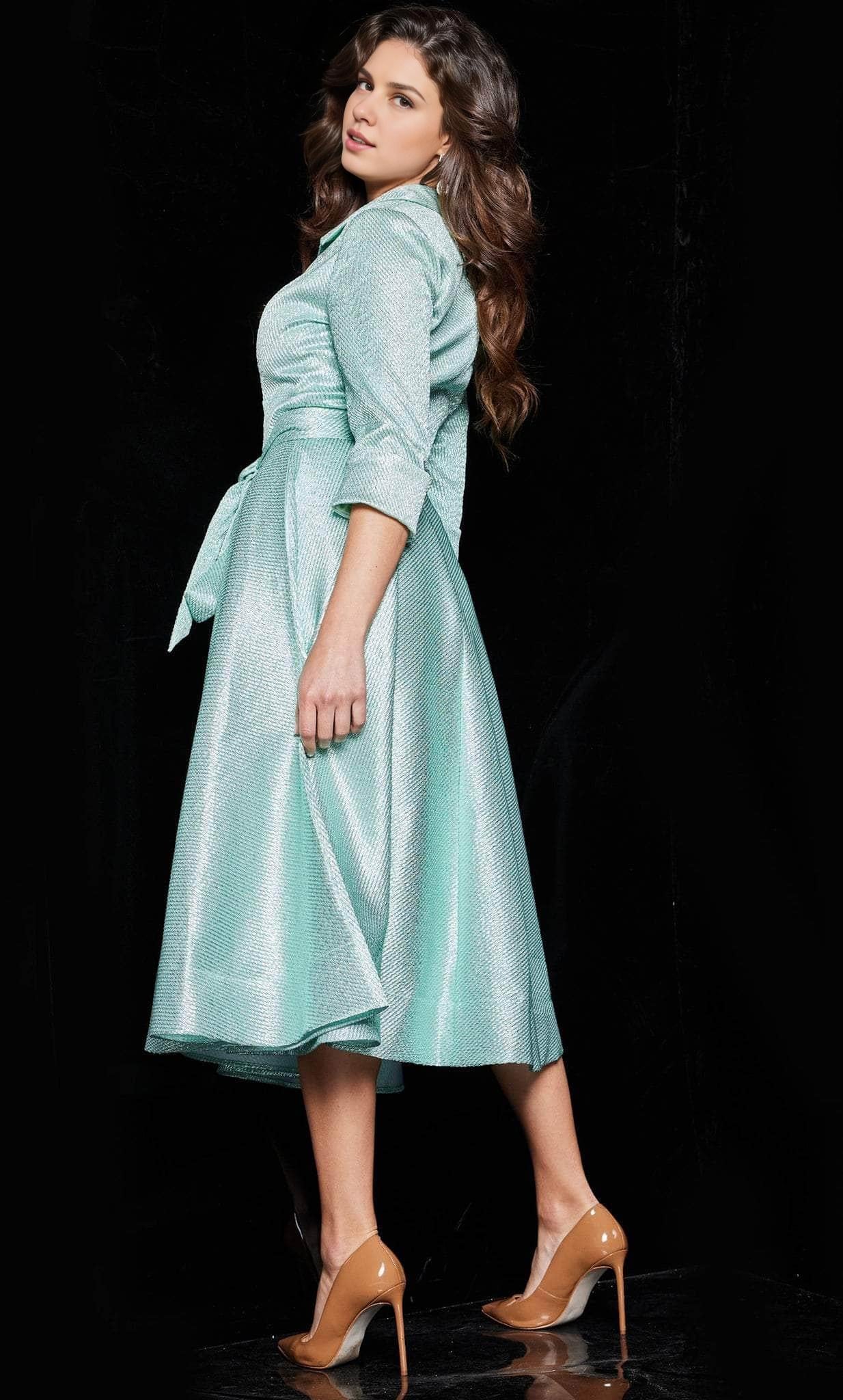 Gowns Evening Dresses/ A-Line V Neck Cuffed Quarter Sleeves Tea Length Hem Prom Dress/ Evening Dresses/ Formal Women's Dresses/ Prom Dress Shops