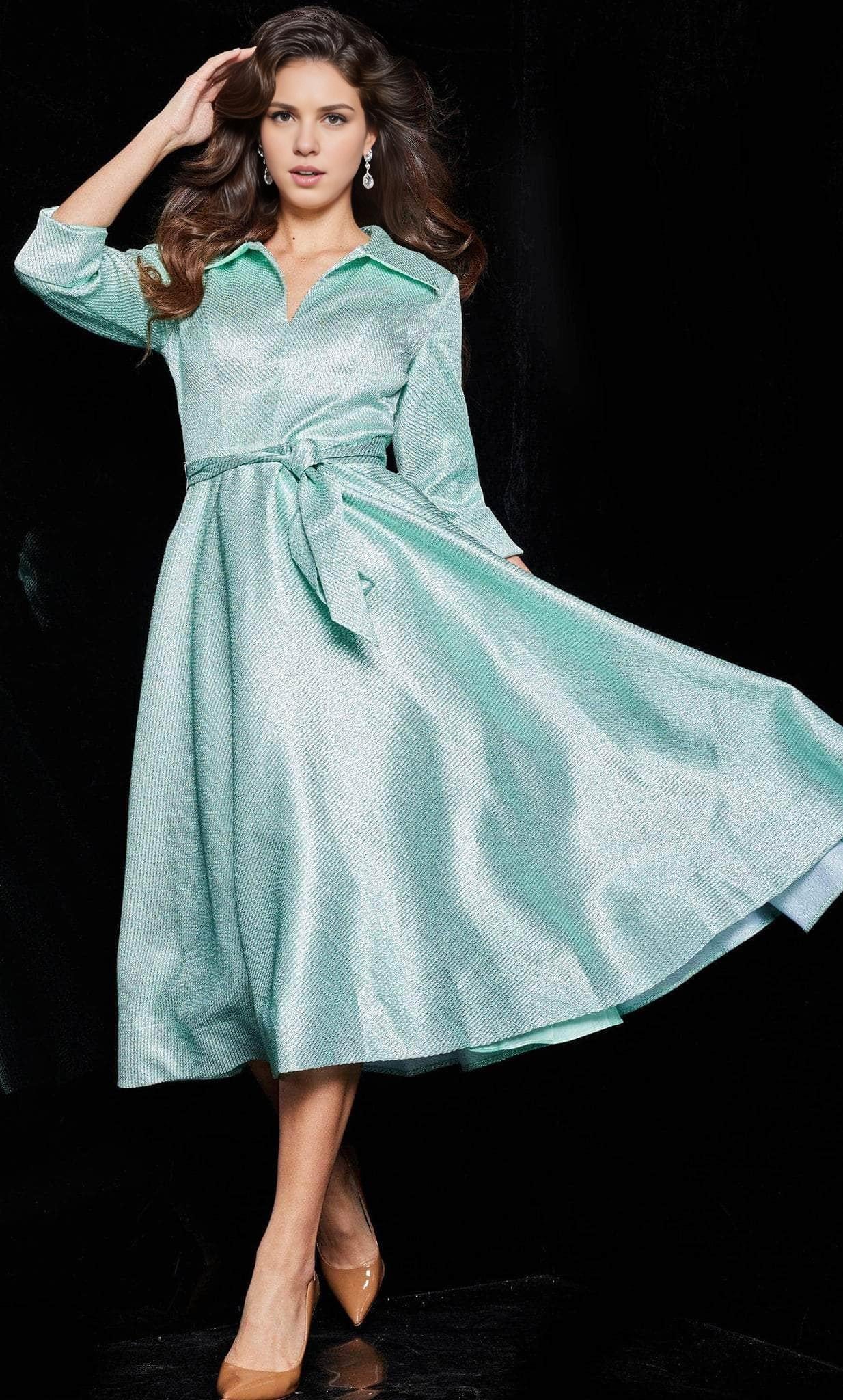 Gowns Evening Dresses/ A-Line V Neck Cuffed Quarter Sleeves Tea Length Hem Prom Dress/ Evening Dresses/ Formal Women's Dresses/ Prom Dress Shops