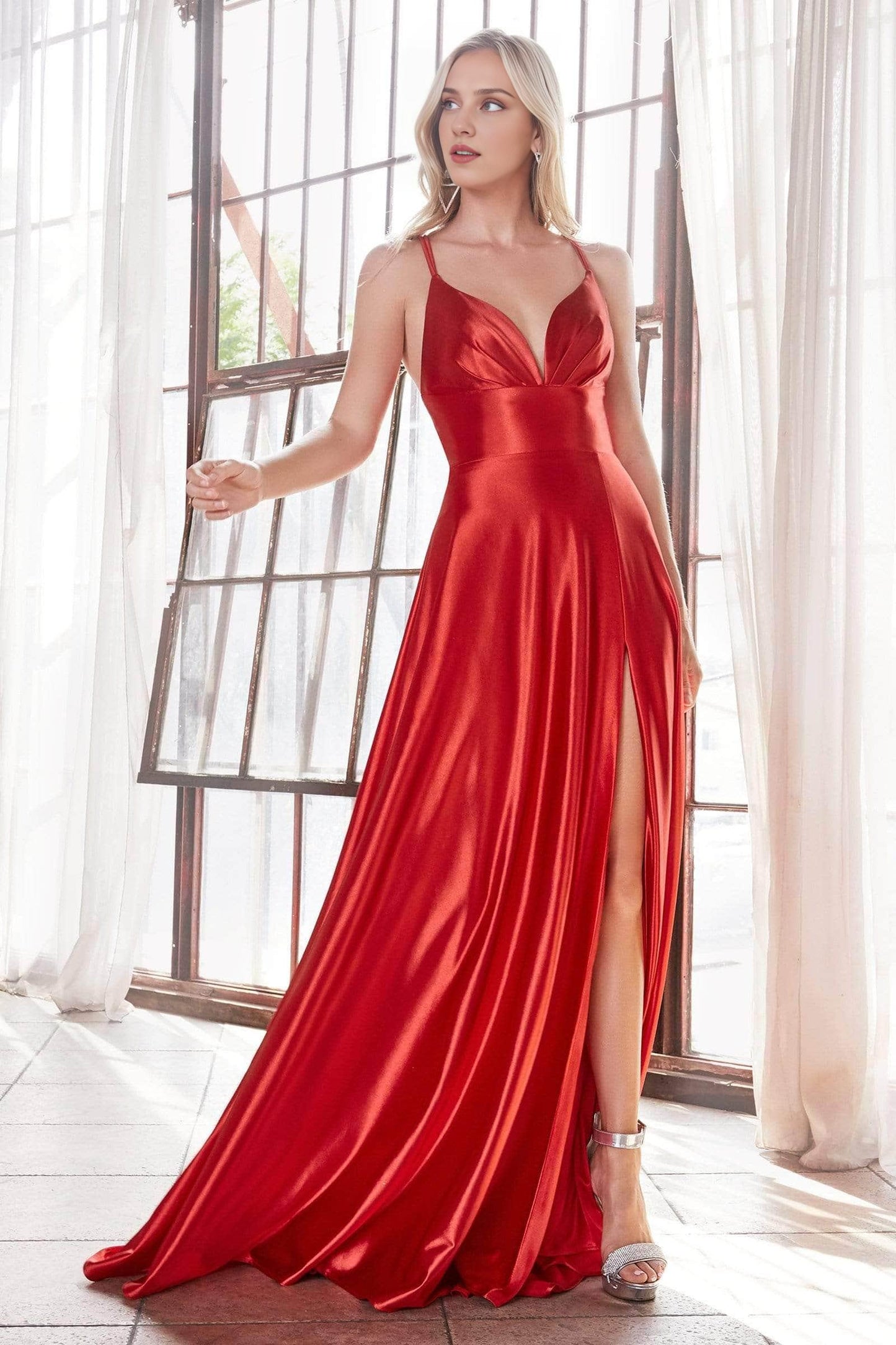 Gowns Evening Dresses/ Plunge V-neck Sleeveless Thin Straps Satin A-line With Slit Prom Dress/ Evening Dresses/ Formal Women's Dresses/ Prom Dress Shops