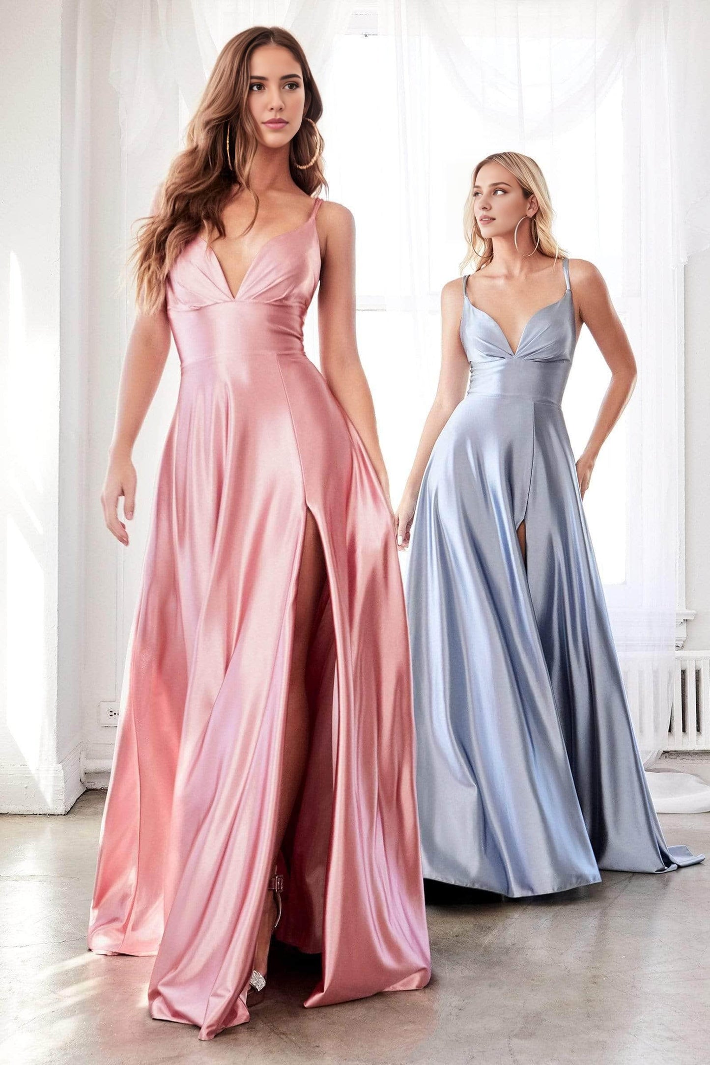 Gowns Evening Dresses/ Plunge V-neck Sleeveless Thin Straps Satin A-line With Slit Prom Dress/ Evening Dresses/ Formal Women's Dresses/ Prom Dress Shops