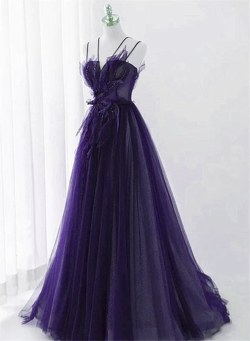 Purple Tulle with Lace Applique Long Prom Dress