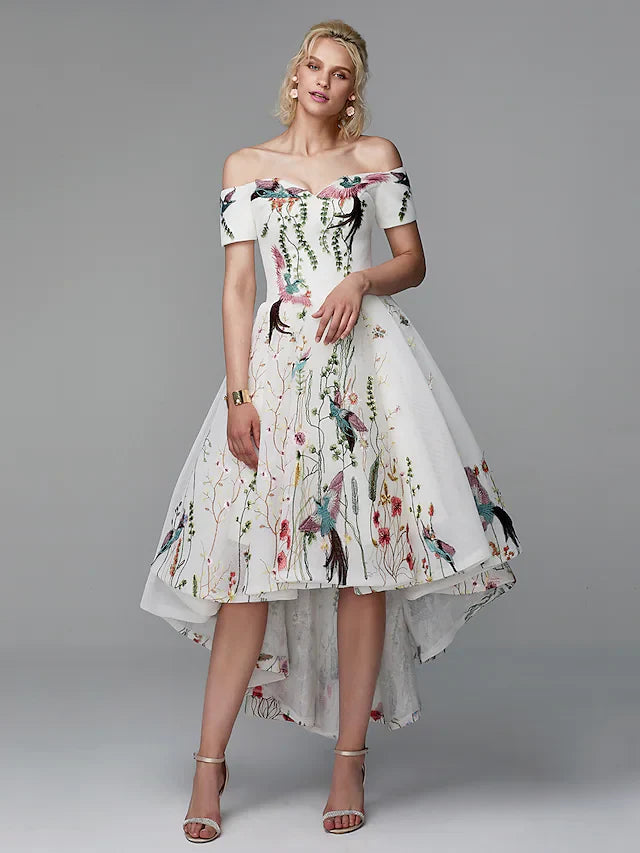 Cocktail Party Prom Valentine's Day Dress Off Shoulder Short Sleeve Asymmetrical Polyester with Embroidery