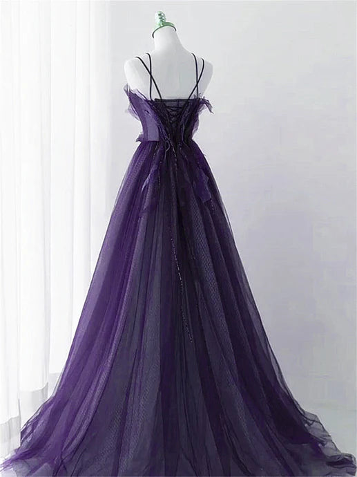 Purple Tulle with Lace Applique Long Prom Dress