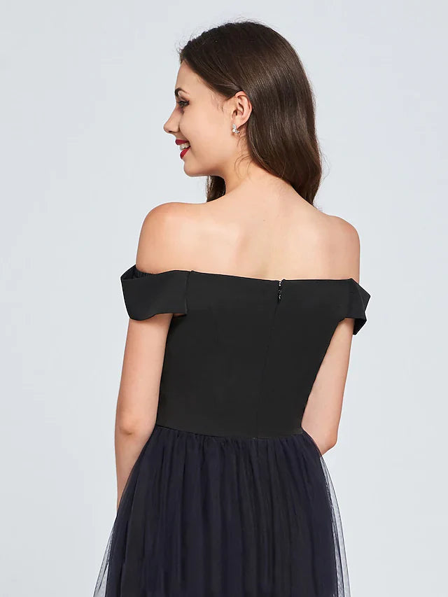 Minimalist Sexy Engagement Cocktail Party Dress Off Shoulder Sleeveless Short Mini Tulle