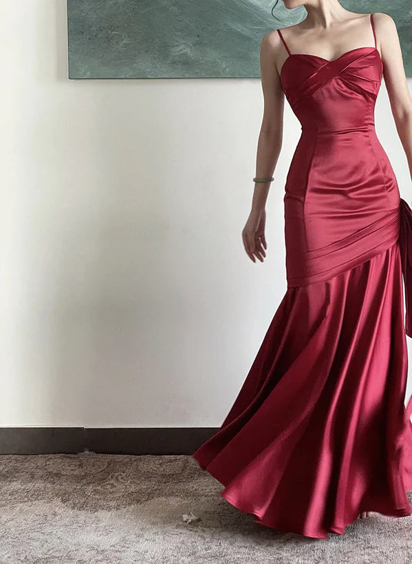 Wine Red Satin Sweetheart Straps Prom Dress