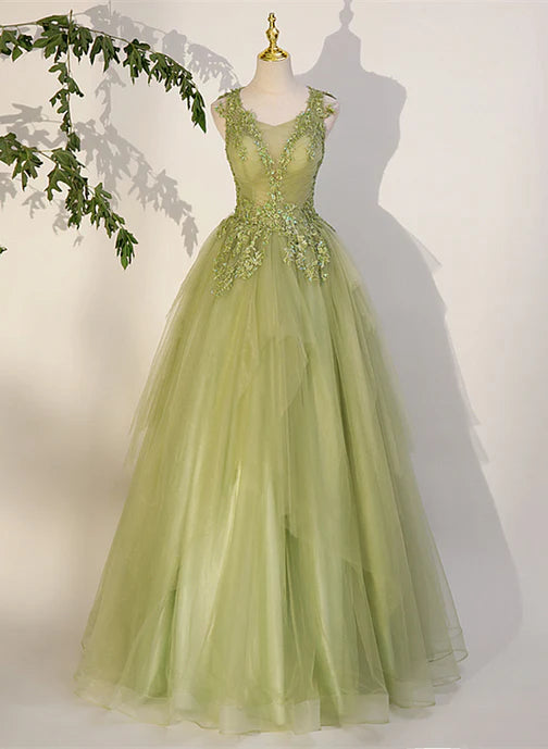 Light Green A-line Tulle with Lace Applique Prom Dress