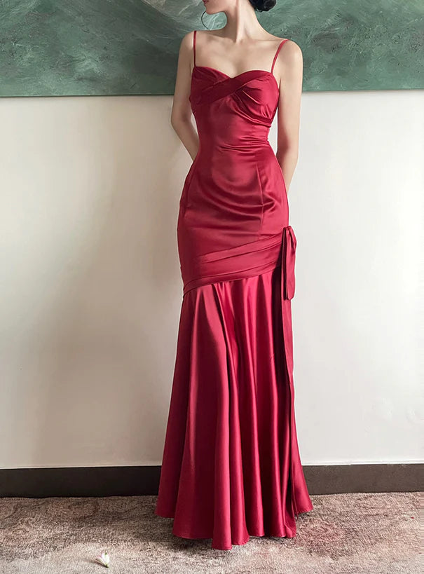 Wine Red Satin Sweetheart Straps Prom Dress