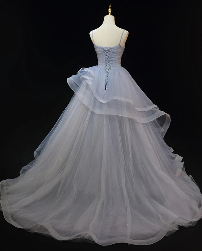 Grey Tulle Straps Layers Long Prom Dress Party Dress