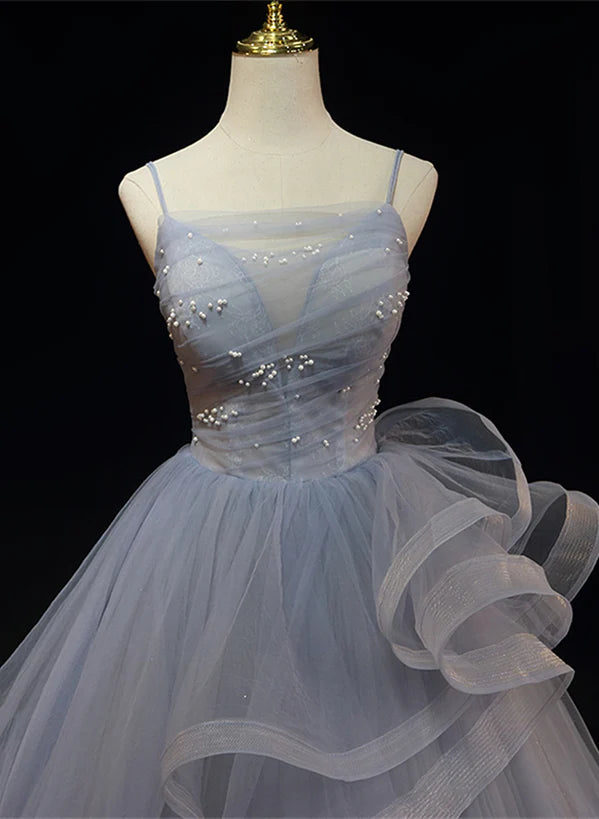 Grey Tulle Straps Layers Long Prom Dress Party Dress