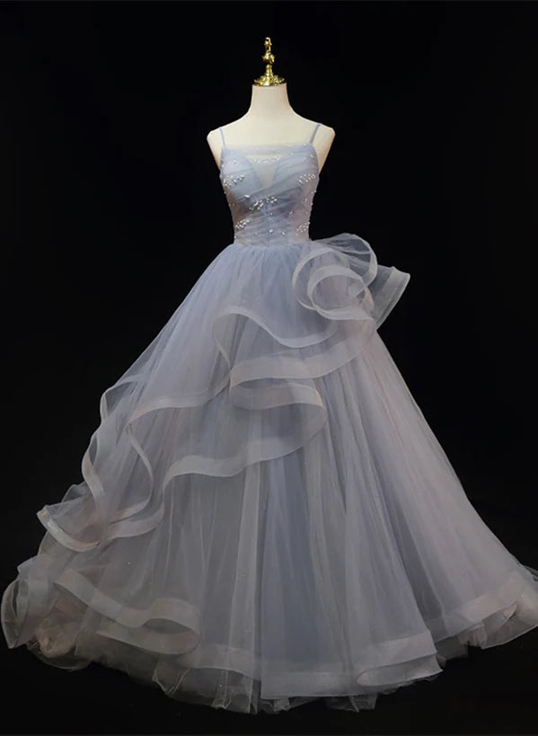Grey Tulle Straps Layers Long Prom Dress Party Dress