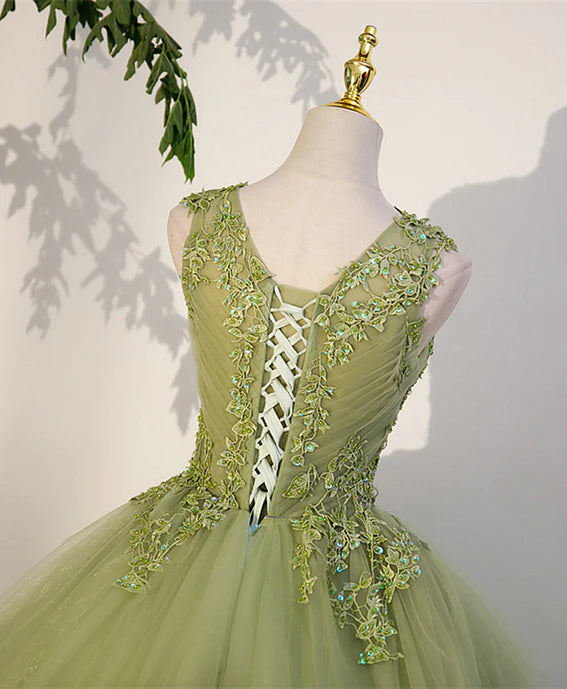 Light Green A-line Tulle with Lace Applique Prom Dress