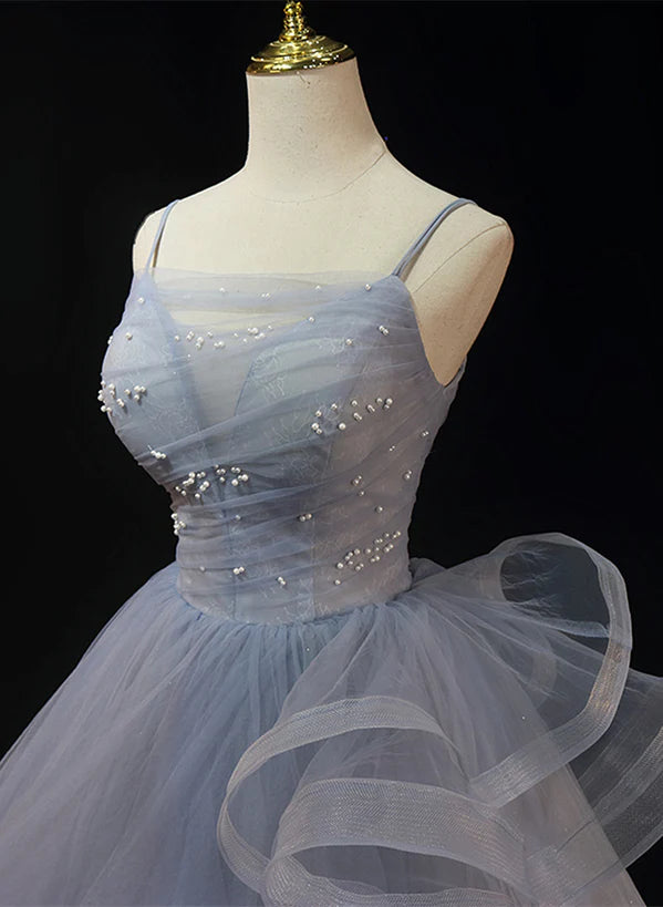 Grey Tulle Straps Layers Long Prom Dress Party Dress