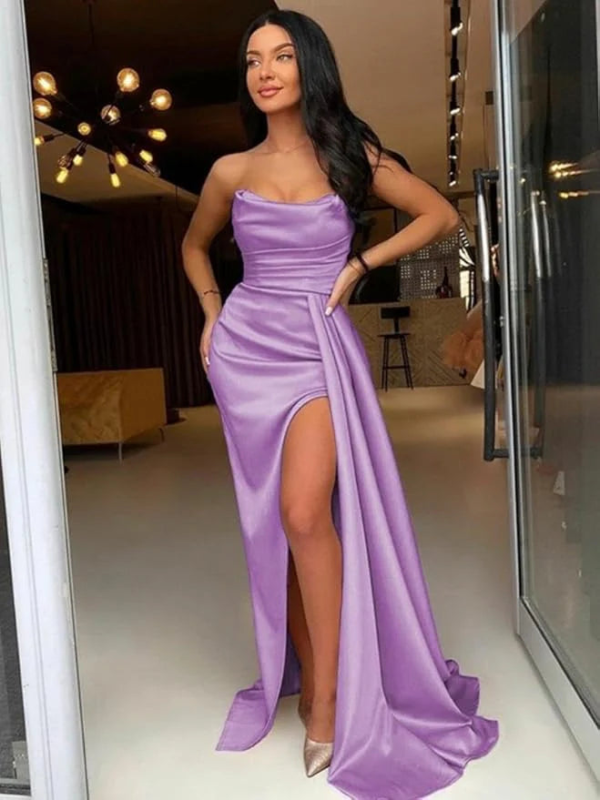 Off-the-Shoulder Satin Wedding Guest Dress Long Evening Dress Strapless With Slit