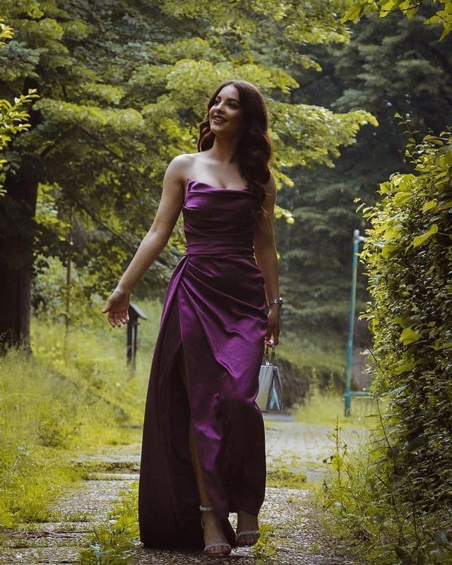 Off-the-Shoulder Satin Wedding Guest Dress Long Evening Dress Strapless With Slit