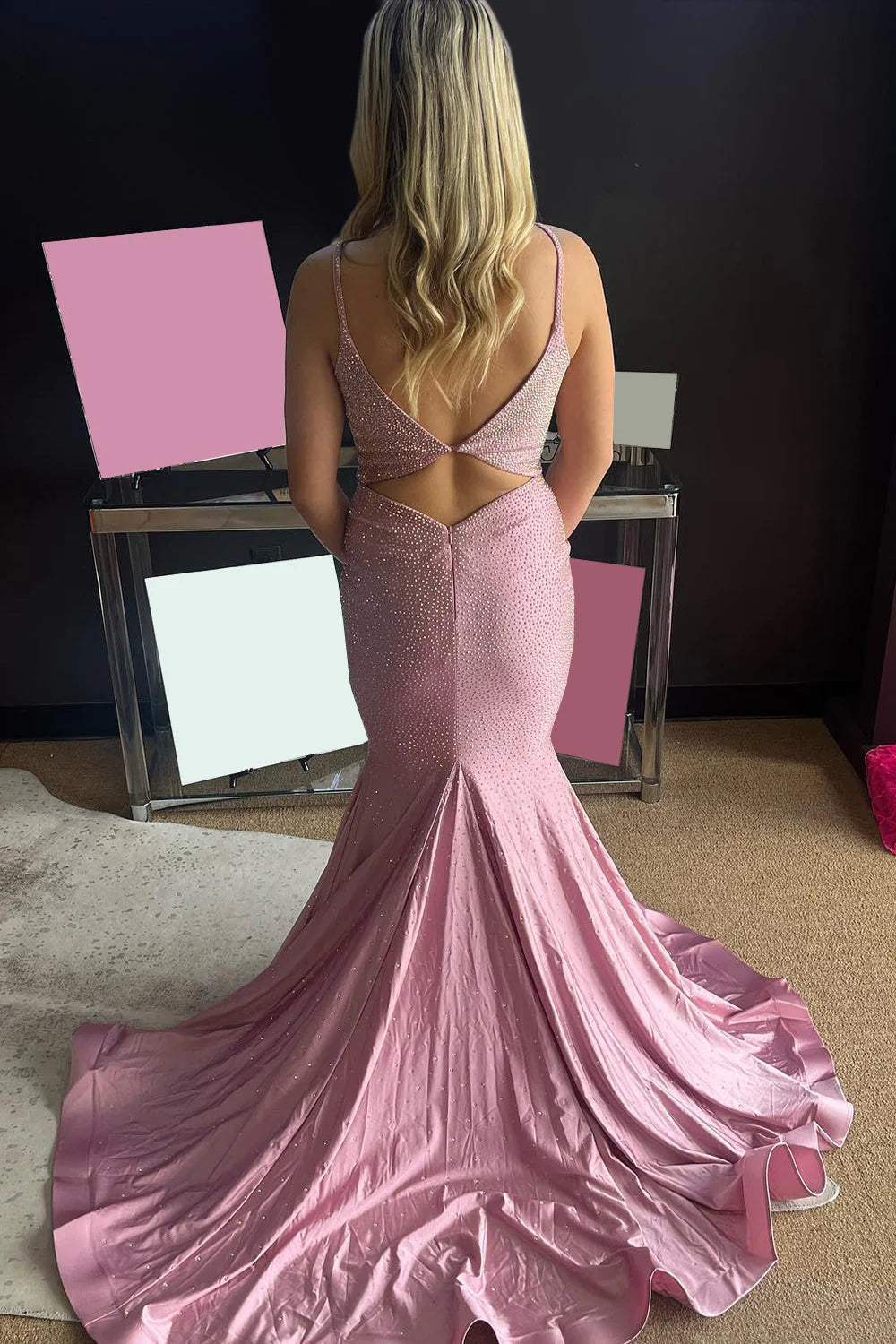 Spaghetti Straps Keyhole Beaded Long Light Pink Prom Dress