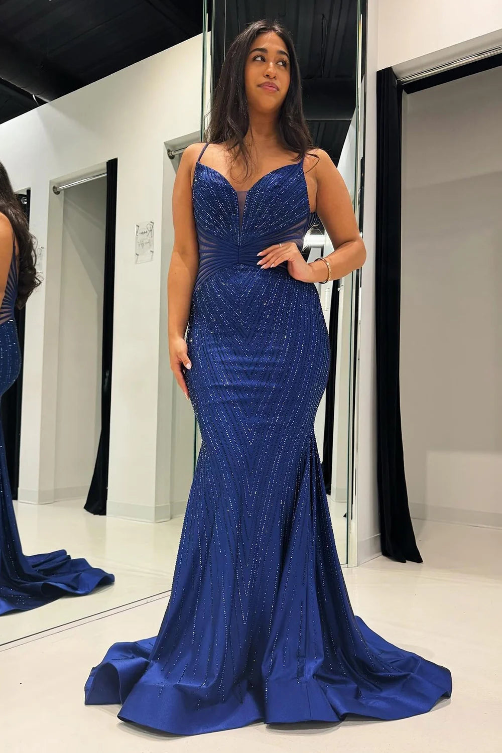 Mermaid Spaghetti Royal Blue Straps Long Prom Dress