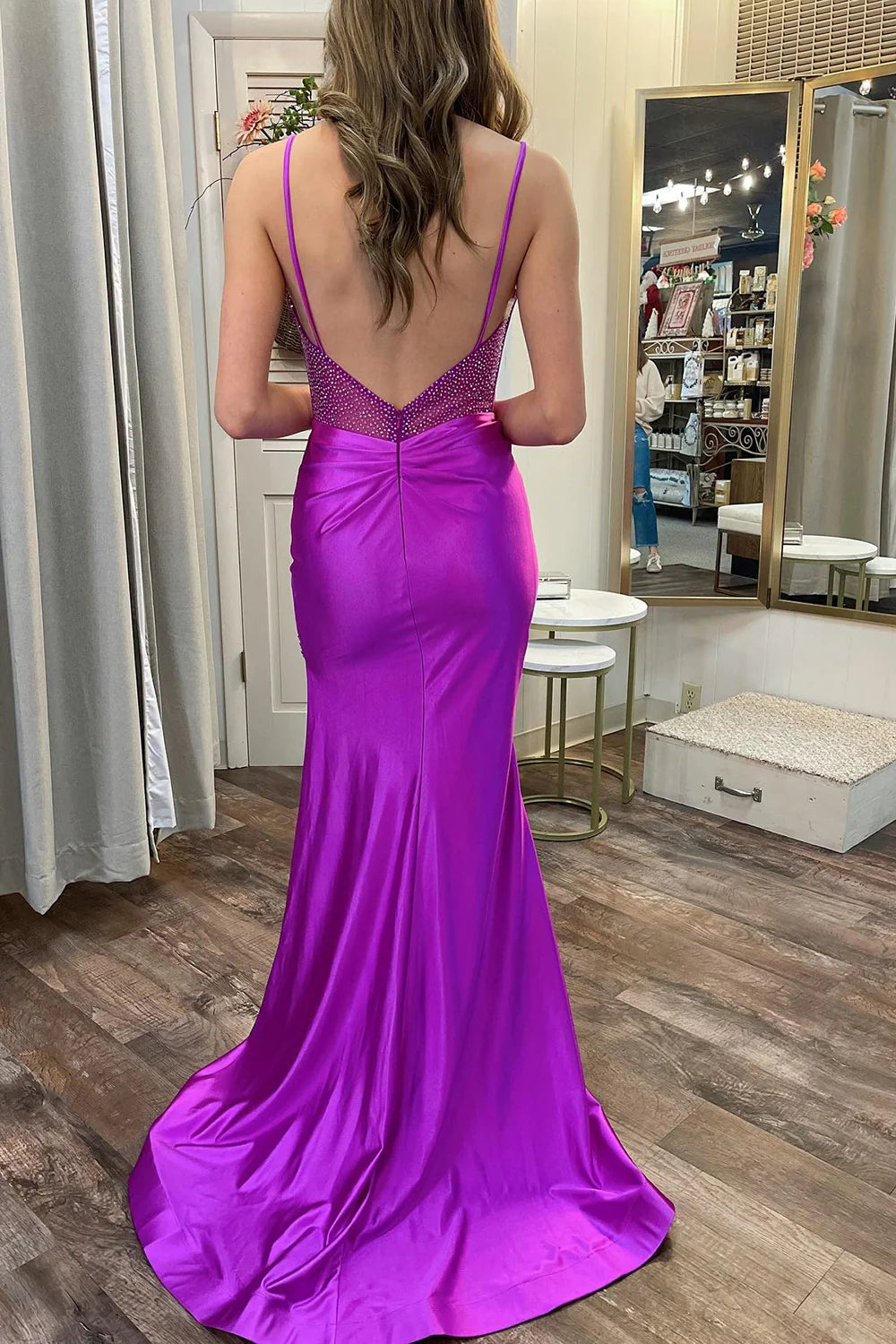 Mermaid Spaghetti Straps Sweetheart Fuchsia Prom Dress With Slit