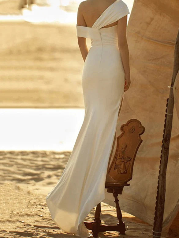 Dress For Wedding Sheath/Column One-Shoulder Satin Chic Wedding Dress With Split Formal Women's Dresses