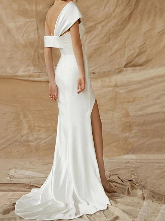 Dress For Wedding Sheath/Column One-Shoulder Satin Chic Wedding Dress With Split Formal Women's Dresses