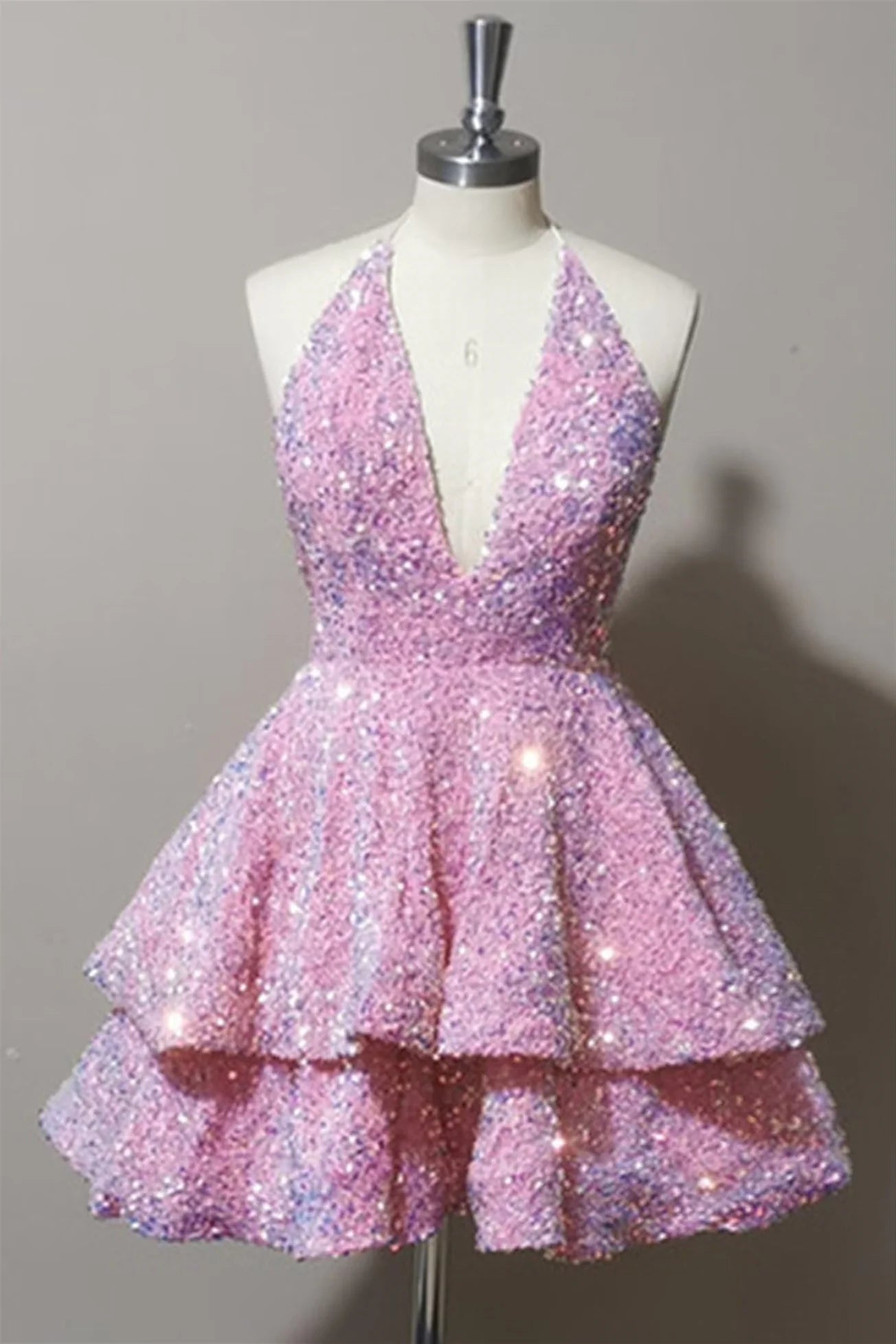 Xuewuba Dress Sexy Short Pink V-neck Sleeveless Sequined Homecoming Dress