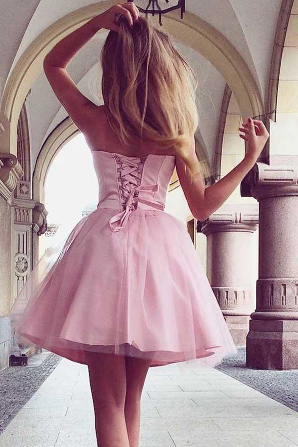 Xuewuba Dress A-Line Sweetheart Lace-up Short Pink Tulle Homecoming Dress