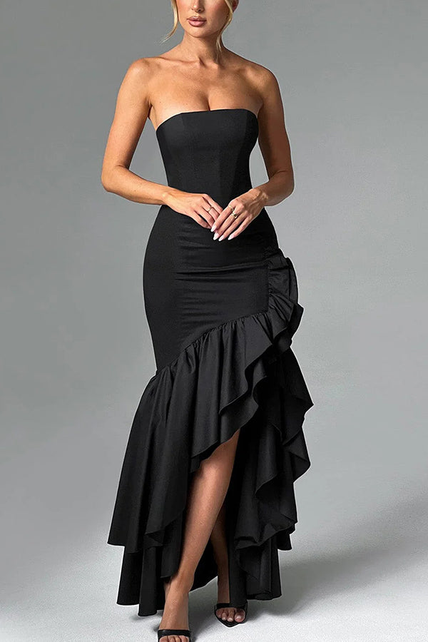 Xuewuba Dress Black Simple Sexy Off-shoulder Slim Fit Irregular Hem Sleeveless Prom Dress