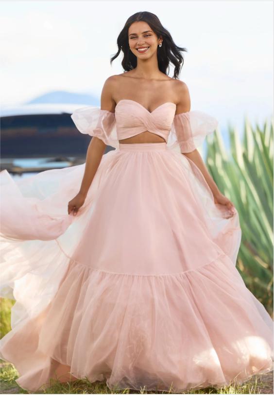 Xuewuba Dress Blush Pink Organza Floor Length Two Piece Prom Dresses Removable Puffed Sleeve Crossed Bodice Prom Dress
