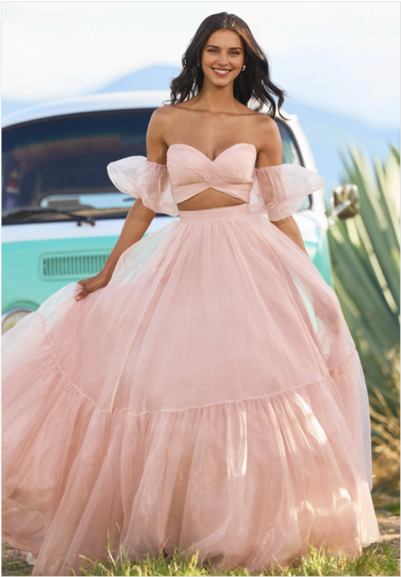 Xuewuba Dress Blush Pink Organza Floor Length Two Piece Prom Dresses Removable Puffed Sleeve Crossed Bodice Prom Dress