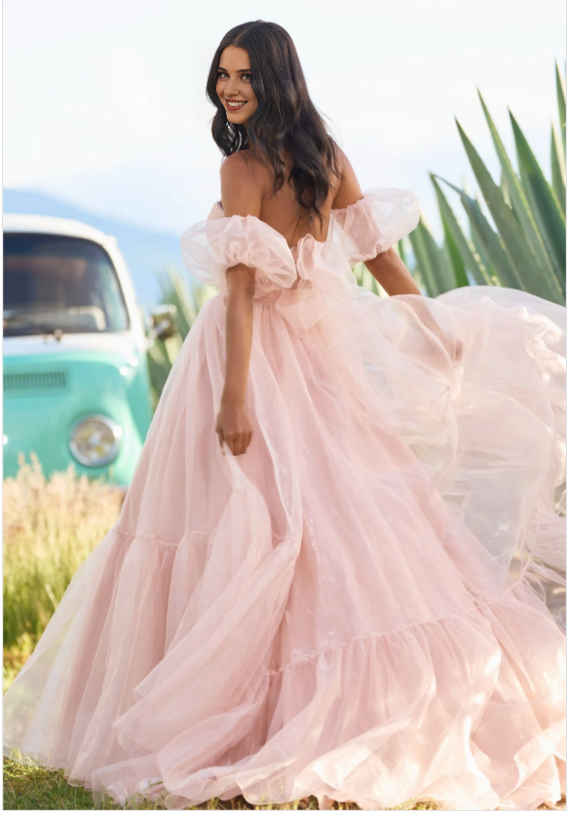 Xuewuba Dress Blush Pink Organza Floor Length Two Piece Prom Dresses Removable Puffed Sleeve Crossed Bodice Prom Dress