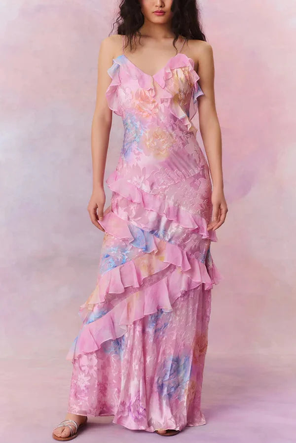 Xuewuba Dress Multicolor Tie-dye Sexy Backless Wave-hem Spaghetti Straps Floor Length Prom Dress