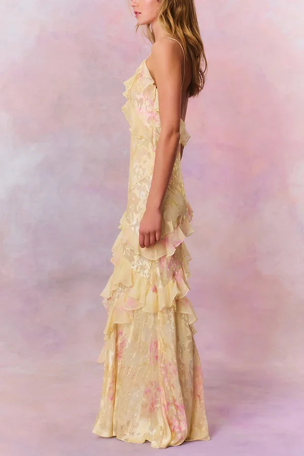 Xuewuba Dress Multicolor Tie-dye Sexy Backless Wave-hem Spaghetti Straps Floor Length Prom Dress