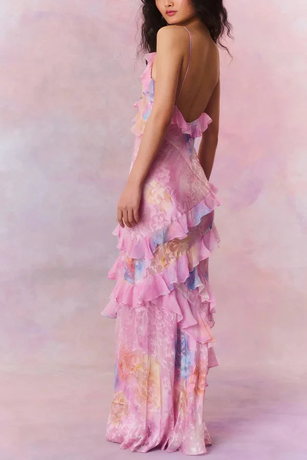 Xuewuba Dress Multicolor Tie-dye Sexy Backless Wave-hem Spaghetti Straps Floor Length Prom Dress