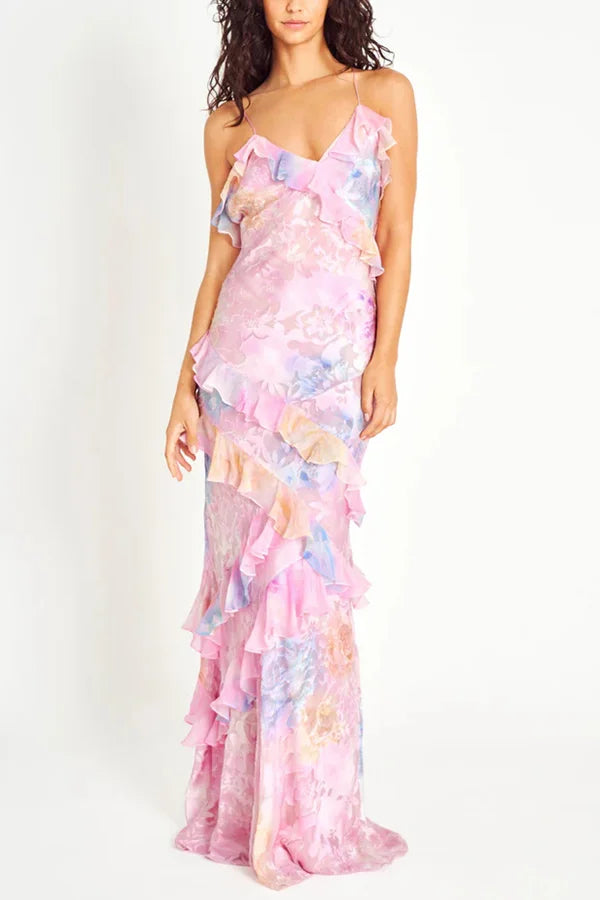 Xuewuba Dress Multicolor Tie-dye Sexy Backless Wave-hem Spaghetti Straps Floor Length Prom Dress